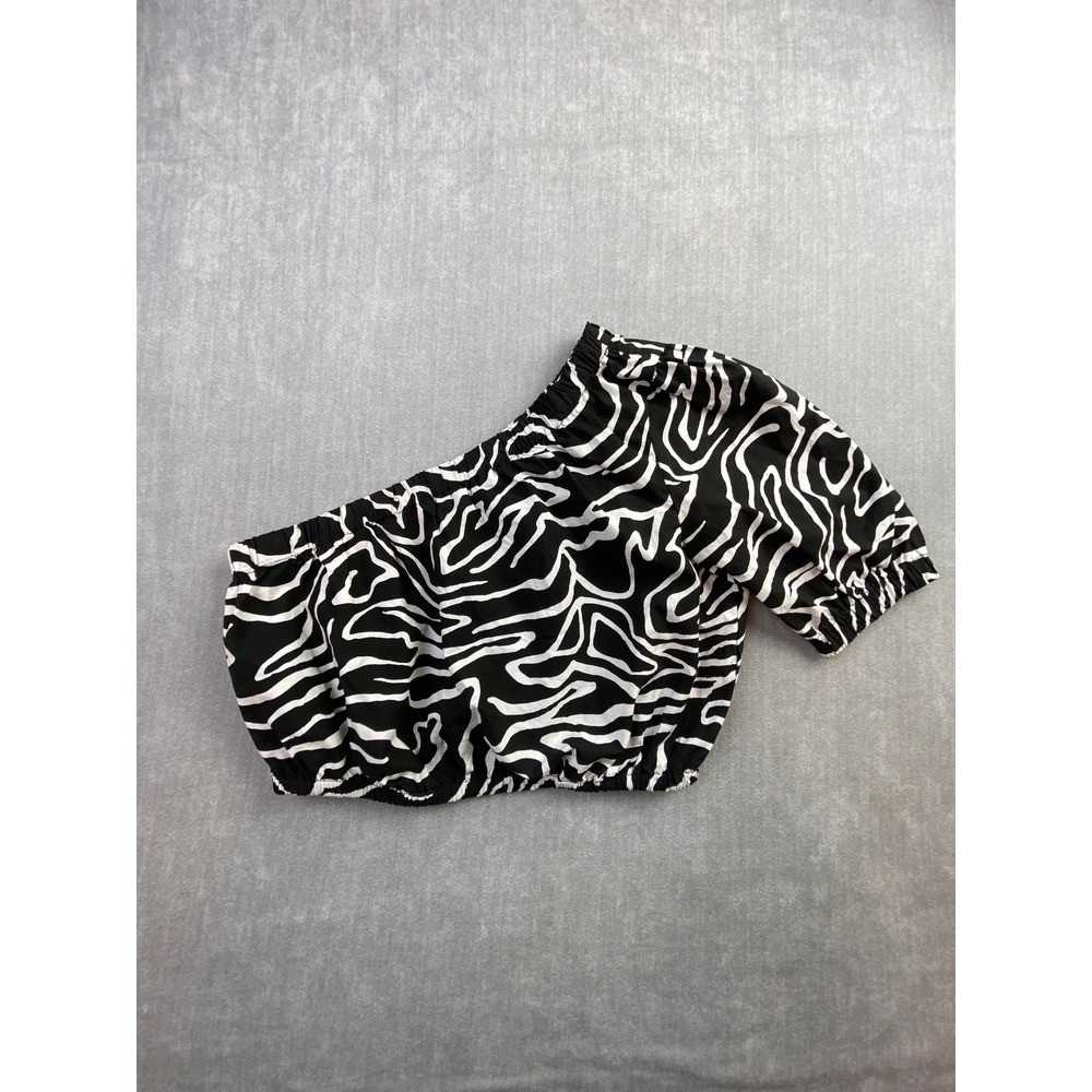 Rails Evy One Shoulder Crop Top Contour Lines Zebra Print Black White Small